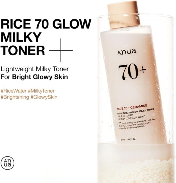 ANUA Rice 70 Glow Milky Toner, for Glass Skin and Brightening, Rice Water, Niacinamide, Ceramides, Panthenol, Fragrance-Free, Non comodogenic, Fungal Acne Safe, Korean Skin Care, 250ml - Image 3