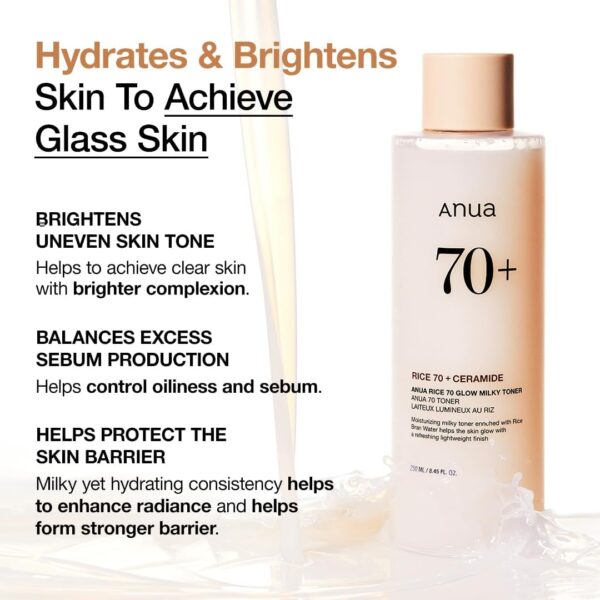 ANUA Rice 70 Glow Milky Toner, for Glass Skin and Brightening, Rice Water, Niacinamide, Ceramides, Panthenol, Fragrance-Free, Non comodogenic, Fungal Acne Safe, Korean Skin Care, 250ml - Image 2